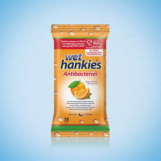Αντιβακτηριδιακά μαντήλια για τα χέρια Wet Hankies Orange