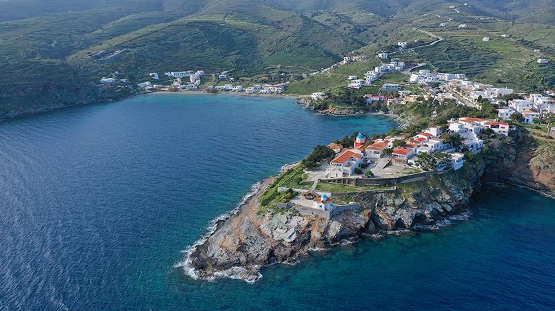 Aerial drone photo of famous and picturesque orthodox church of Panagia Kanala in island of Kythnos, Cyclades, Greece