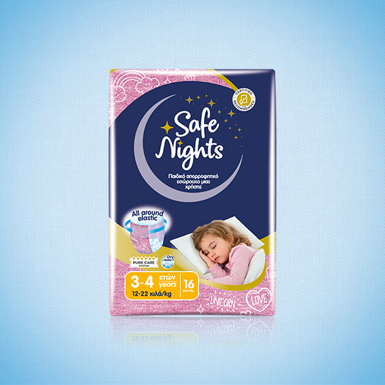 Safe Nights single use elastic pants designed for girls 3-4 years old