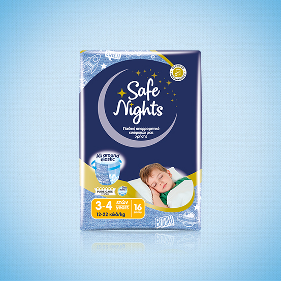 Safe Nights single use elastic pants designed for boys 3-4 years old